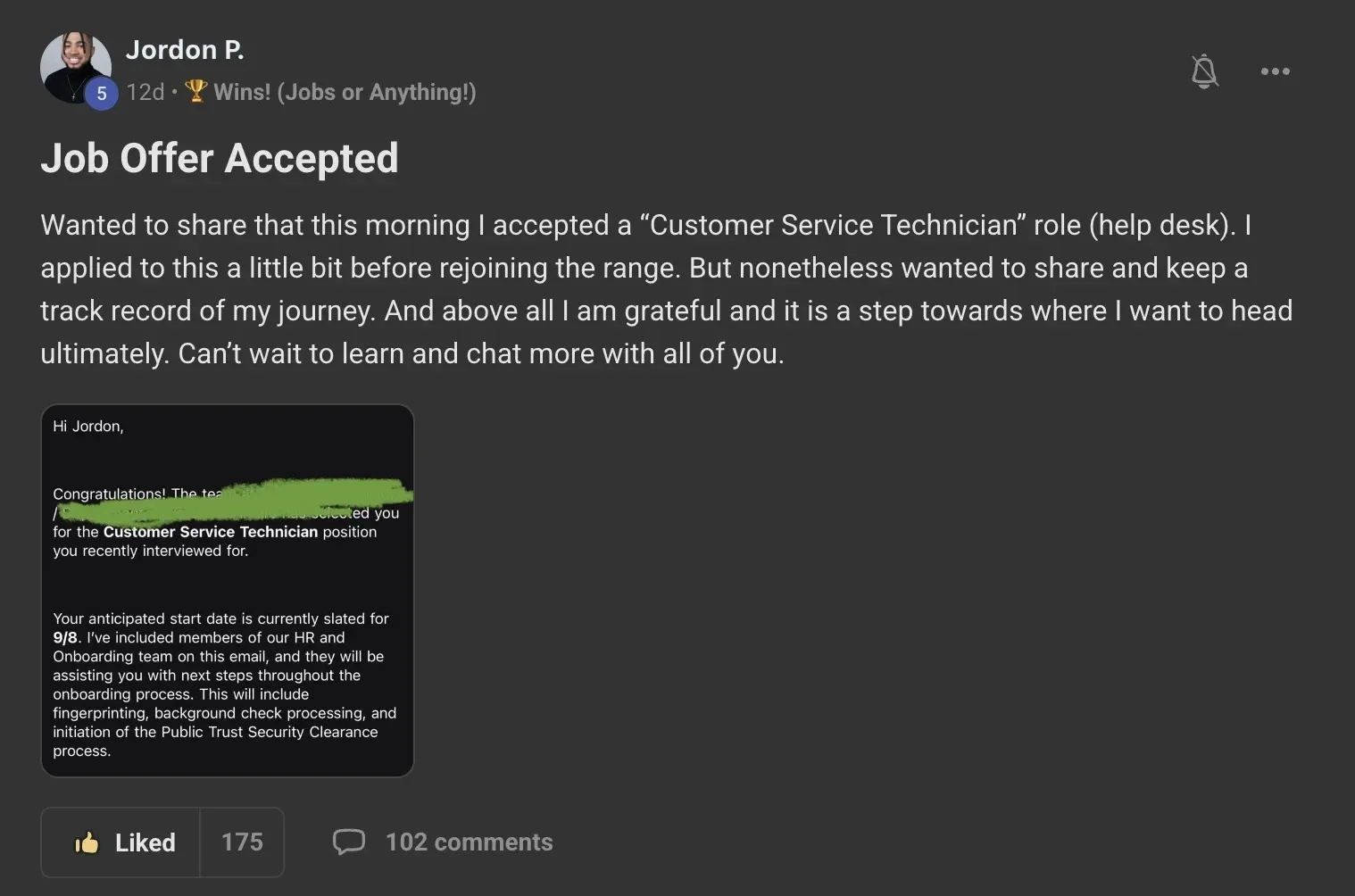 Cyber Range member win post - Jordon P. accepted a Customer Service Technician job offer